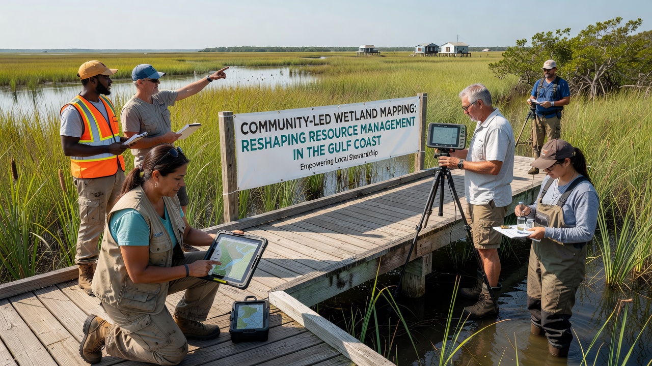 Aerial view of volunteers in small boats collecting water samples and marking wetland edges with buoys in a remote Gulf Coast estuary