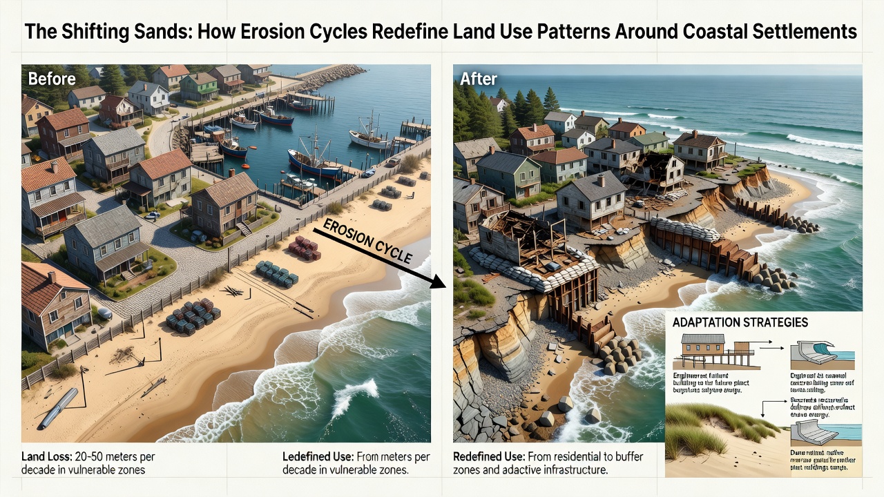 Aerial view of coastal settlement with reconfigured land parcels showing retreat zones and new inland development
